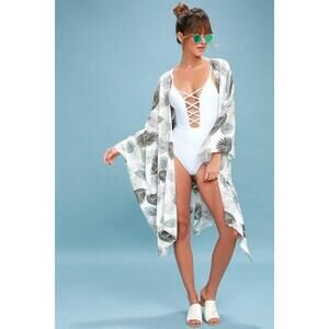 Lulus Watch And Fern White And Green Leaf Print Kimono Top - Size One Size